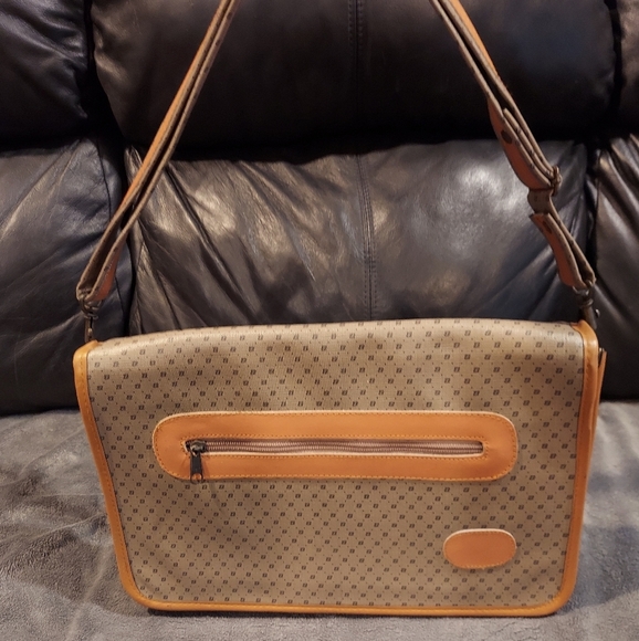 EUC LAPTOP NOTEBOOK MESSENGER BAG GRAY & TAN LEATHER CROSSBODY / SHOULDER STRAP - Picture 2 of 7